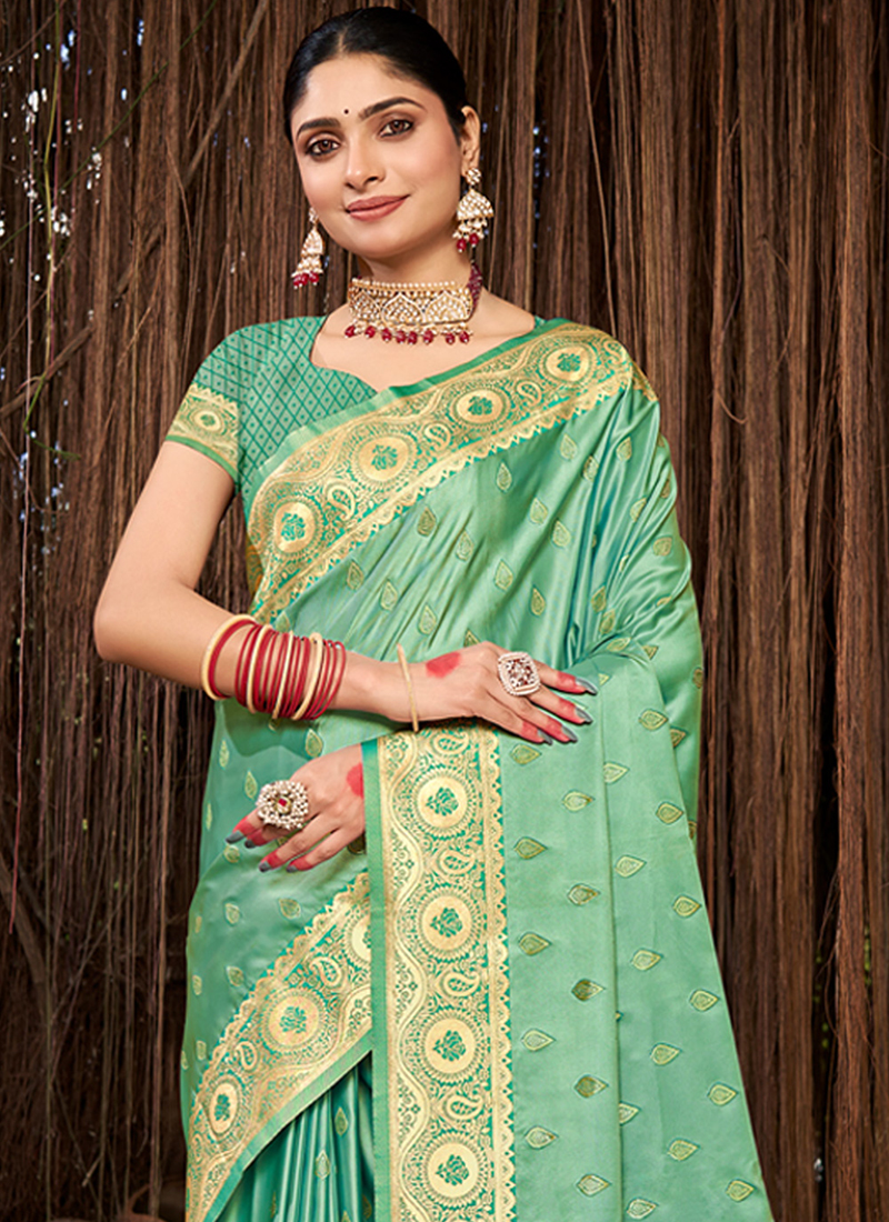 Buy Pista Green Satin Silk Weaving Traditional Wear Saree Online From